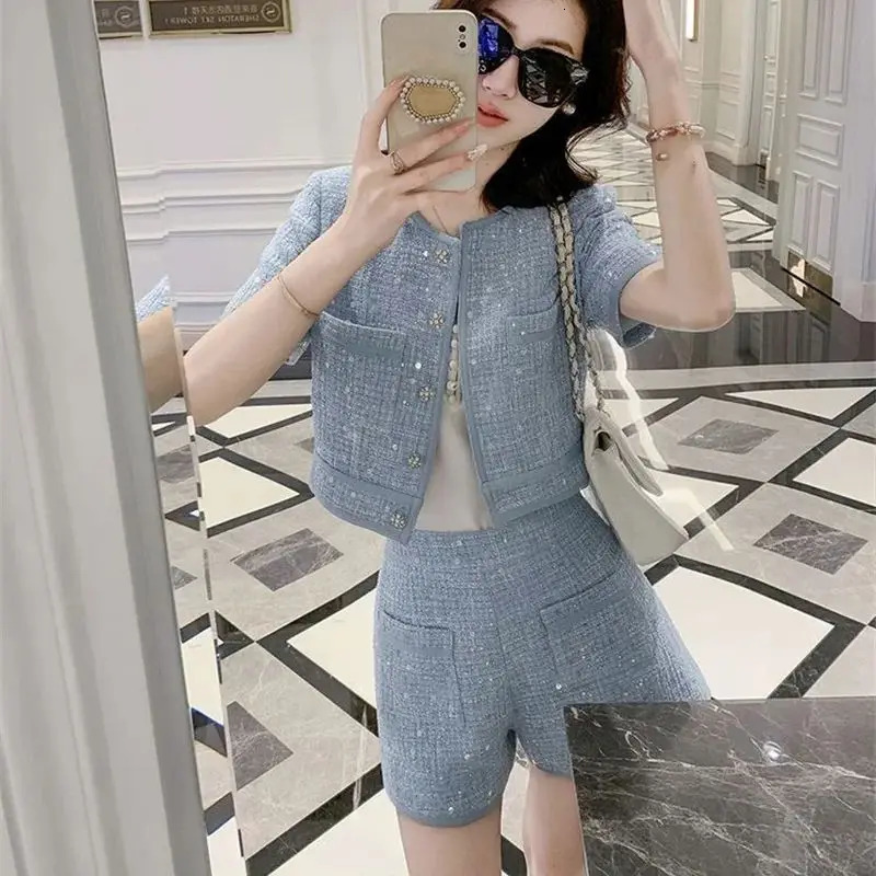 BAFU Summer Small Fragrance Tweed Outfit Elegant Two-Piece Set Women Single-Breast TopPocket Shorts Sequin Party Suit 103P 251114