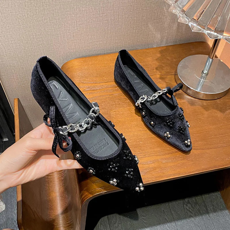 Flat Shoes Women French Mary Jane Pointed Toe Chain Diamond Bottom Spring Black Ladies 251121