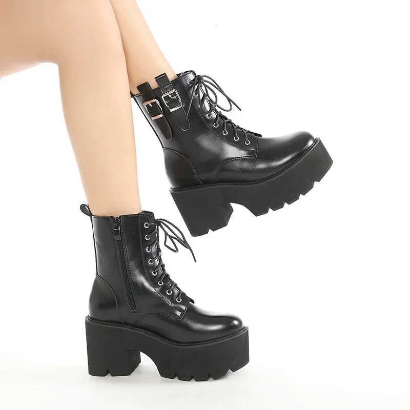 2025 Women Ankle Boots Platform Square High Heel Ladies Motorcycle Boots Patent PU Leather Side Zipper Women Lace Up Boot Black H251121