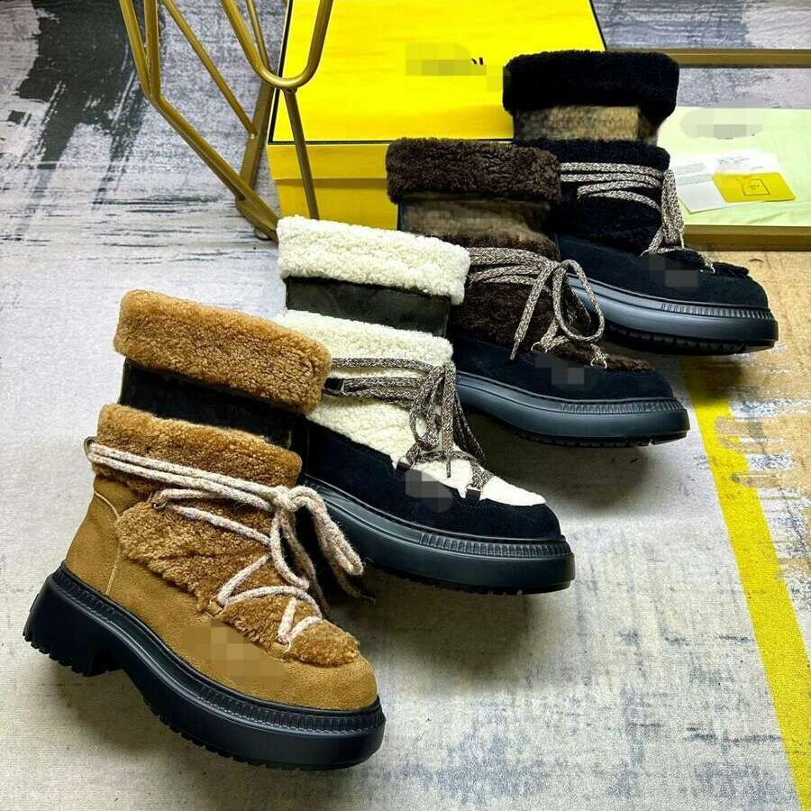 2025 New Designer Luxury Suede Round Toe Ski Stylish Womens Winter Miss Jacquard Sheepskin Warm Comfortable color-Blocking Lace Up Flat Snow fur winter Boots shoes