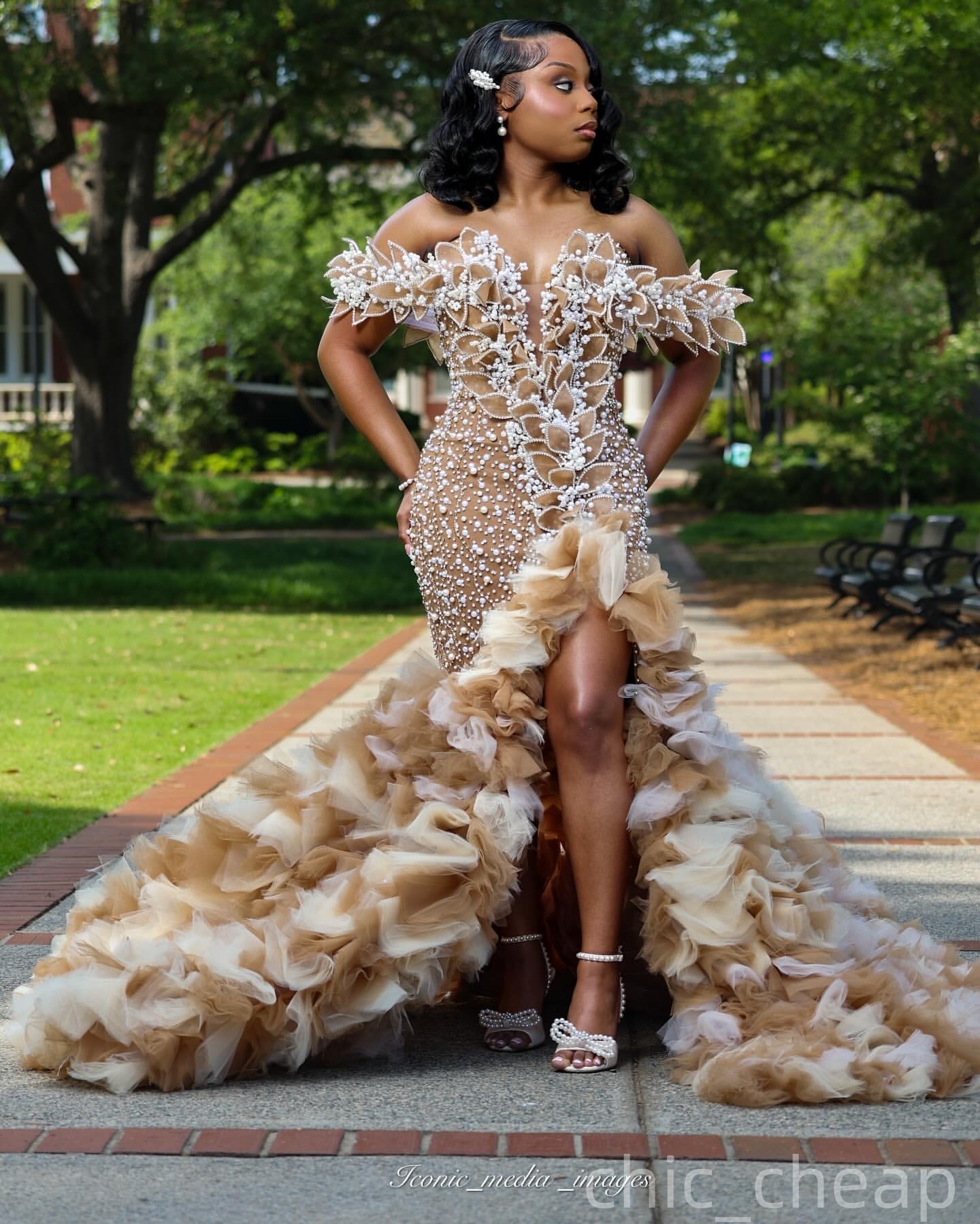 Champagne Mermaid Prom Dresses 2025 Florals Tiers Pearls Evening Formal Party Second Birthday Engagement Gowns Plus Size Dress For Special Occasions