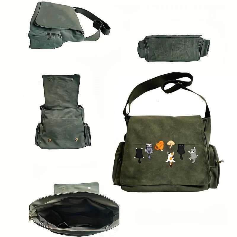 Adorable Cat-Themed Womens Crossbody Bag Large Capacity Canvas Students Book Bag Army Green Females Shoulder BagT251121
