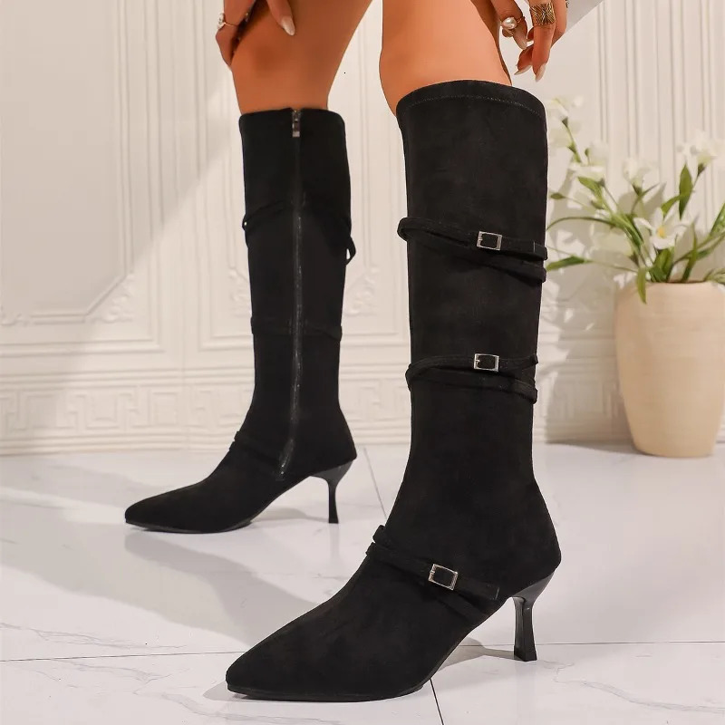 Winter Fashion Buckle ner Round Toe Stretch Fabric High Boots Outdoor Shopping Leisure Party Womens Dress 251121