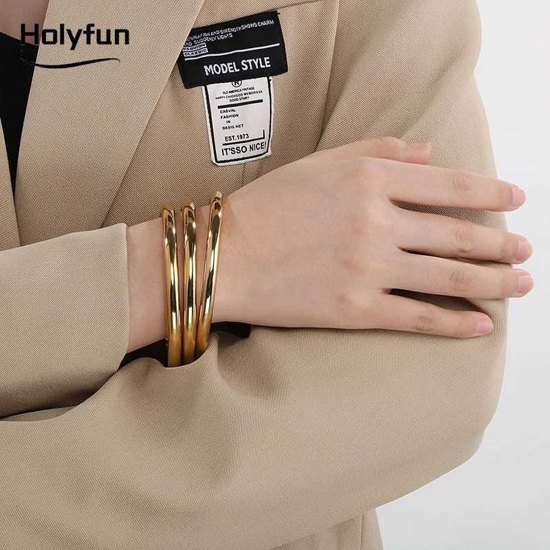 Holyfun Waterproof Stainless Steel Cuff Bracelet Bangles for Women Smooth Metal Openable Bracelets Jewelry GiftW251121