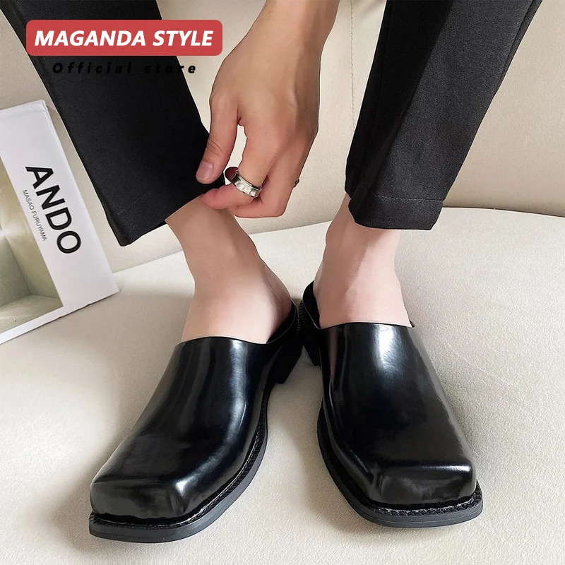 Original n leather slippers for mens summer outdoor wear flat bottomed breathable casual straight drag black Muller shoes 251121