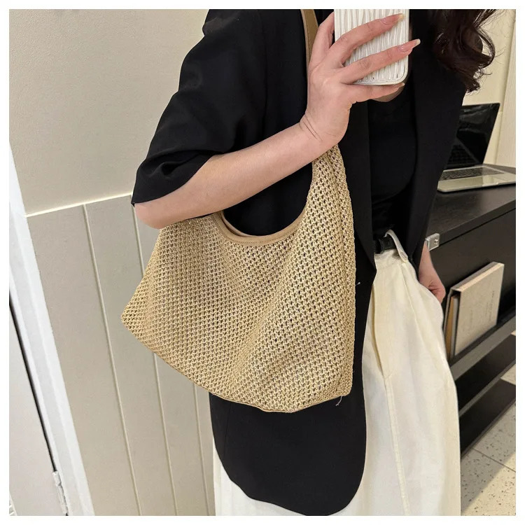 Korea Ins Retro Woven Tote Bags for Women Grass Woven Tote Bag Armpit Bags Large Capacity Single Shoulder Bag Beach Bag Handbags R250421ZYl