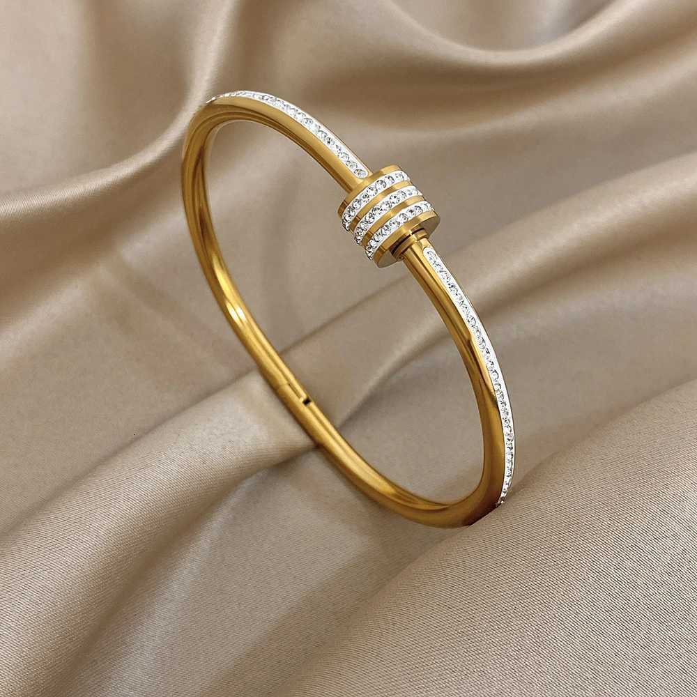 FLASHBUY Trendy Chic Gold Color Simple 316L Stainless Steel Bangles Bracelets for Women Charm Zircon Waterproof Jewelry GiftW251121