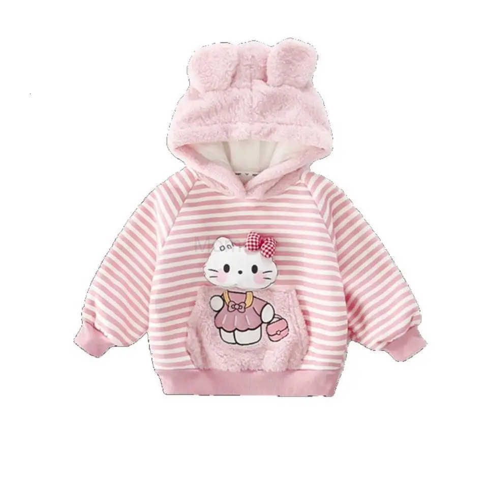 Sanrio Hello Kitty Girls Autumn and Winter Sweatshirt New Striped Cat Fleece Top Fashionable and Sweet Cartoon Hooded Sweatshirt H251121