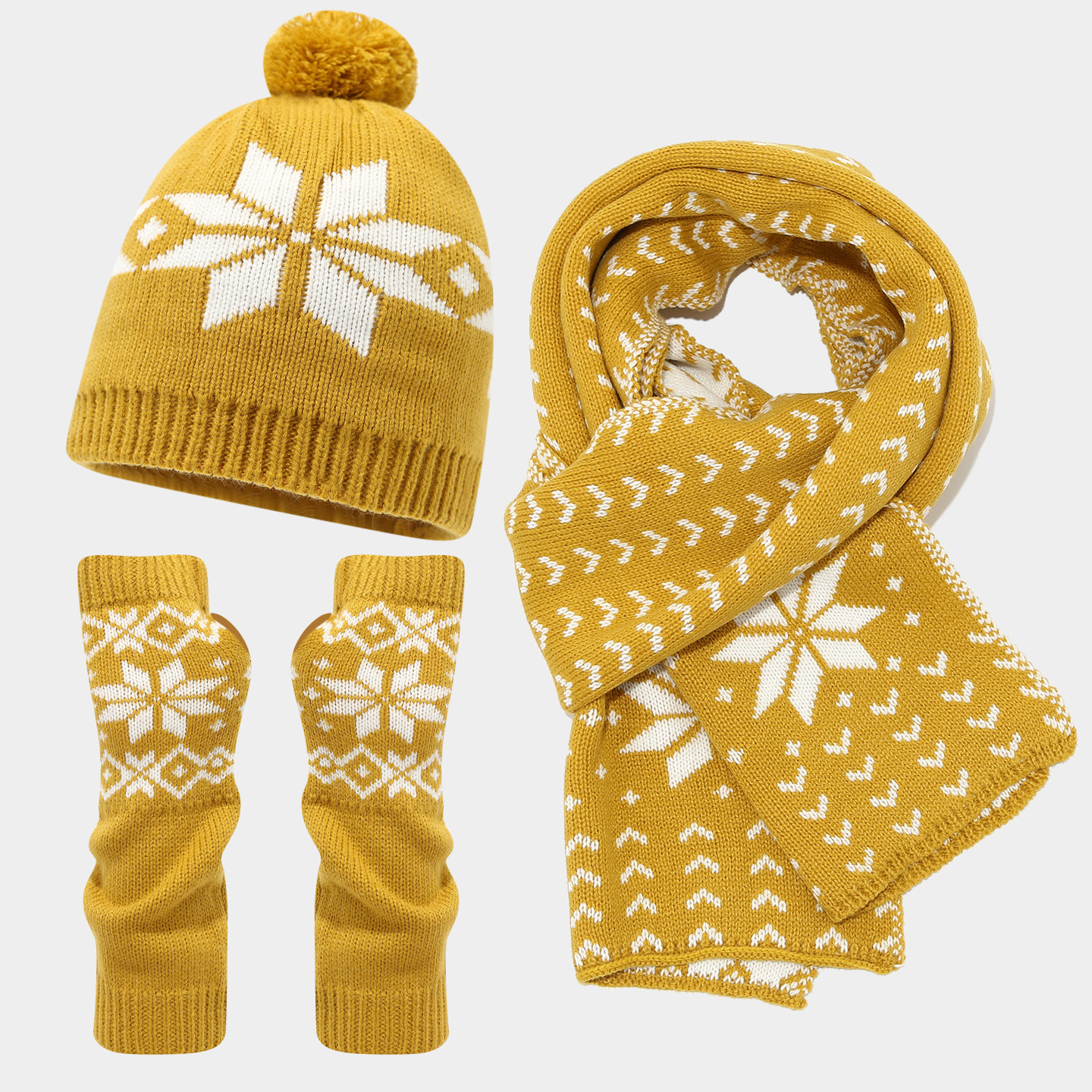 Warm hat and scarf set Three-Piece Set for Women and Men Winter Christmas Snowflake Pattern Knitted Hat Scarf Gloves Cold-Proof Trendy free shipping