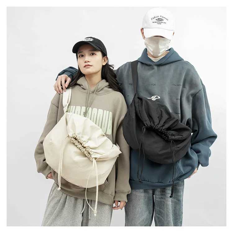Solid color single shoulder diagonal collapsible bag net red simple wind Tote handbag Japanese leisure drawstring shoulder bagT251121