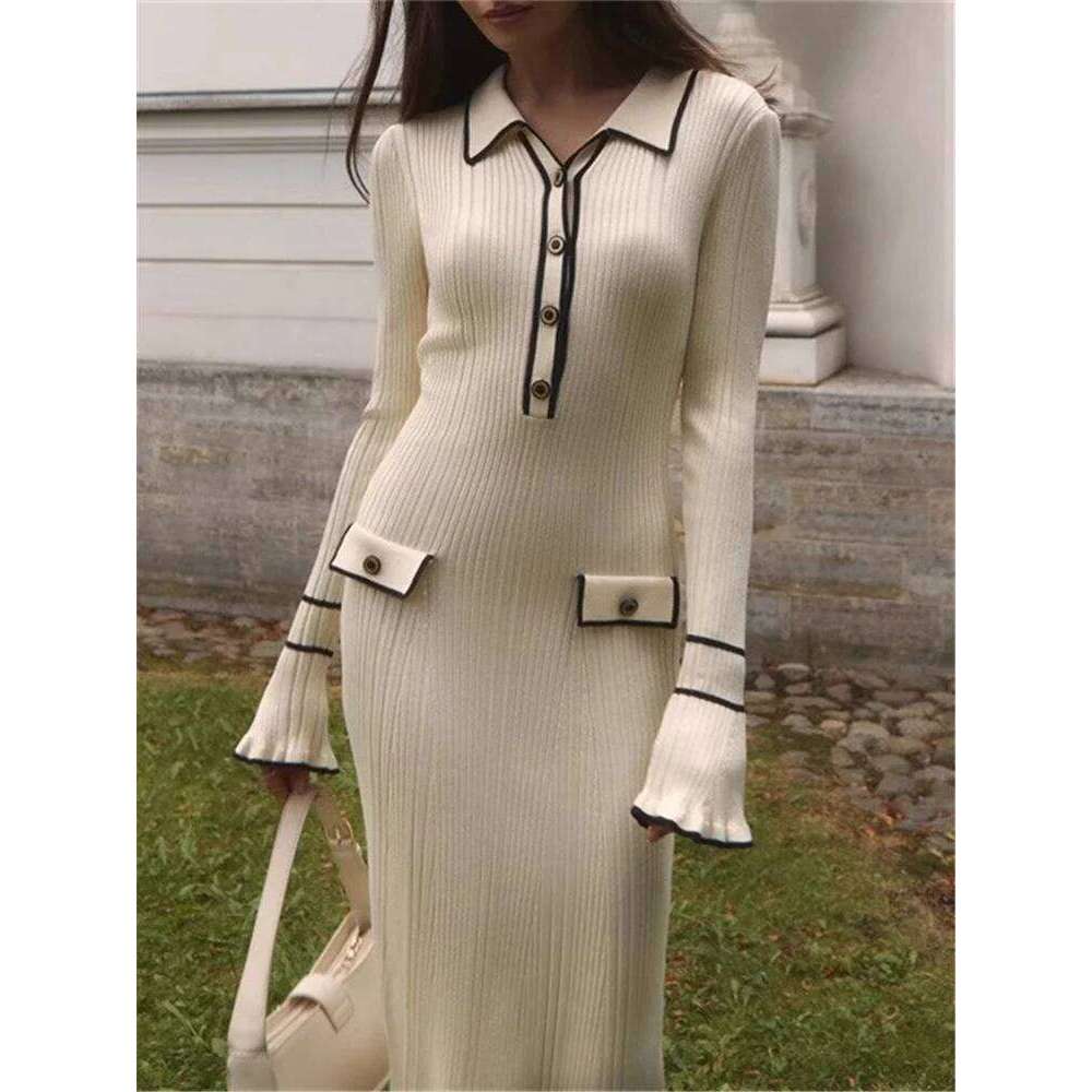 Autumn Winter Elegant Knitted Long Ruffles Dressres New High Waist Buttons Turn-Down Collar Sweater Dresses Female