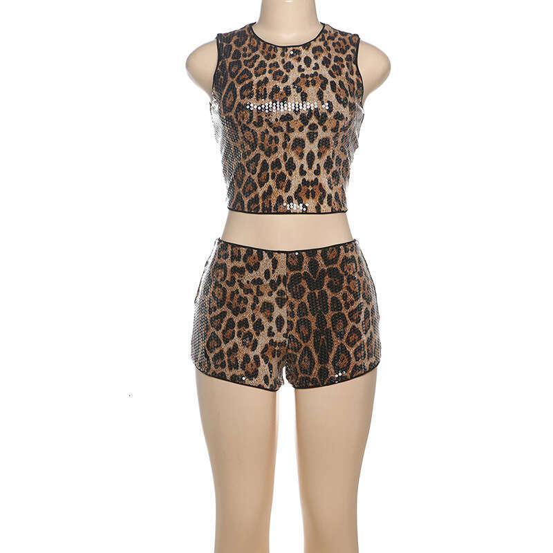 hoodie Women's Wear Spring New Women's Sexy Spicy Girl Sleeveless Animal Leopard Shining Slim Short Shorts Set jacket