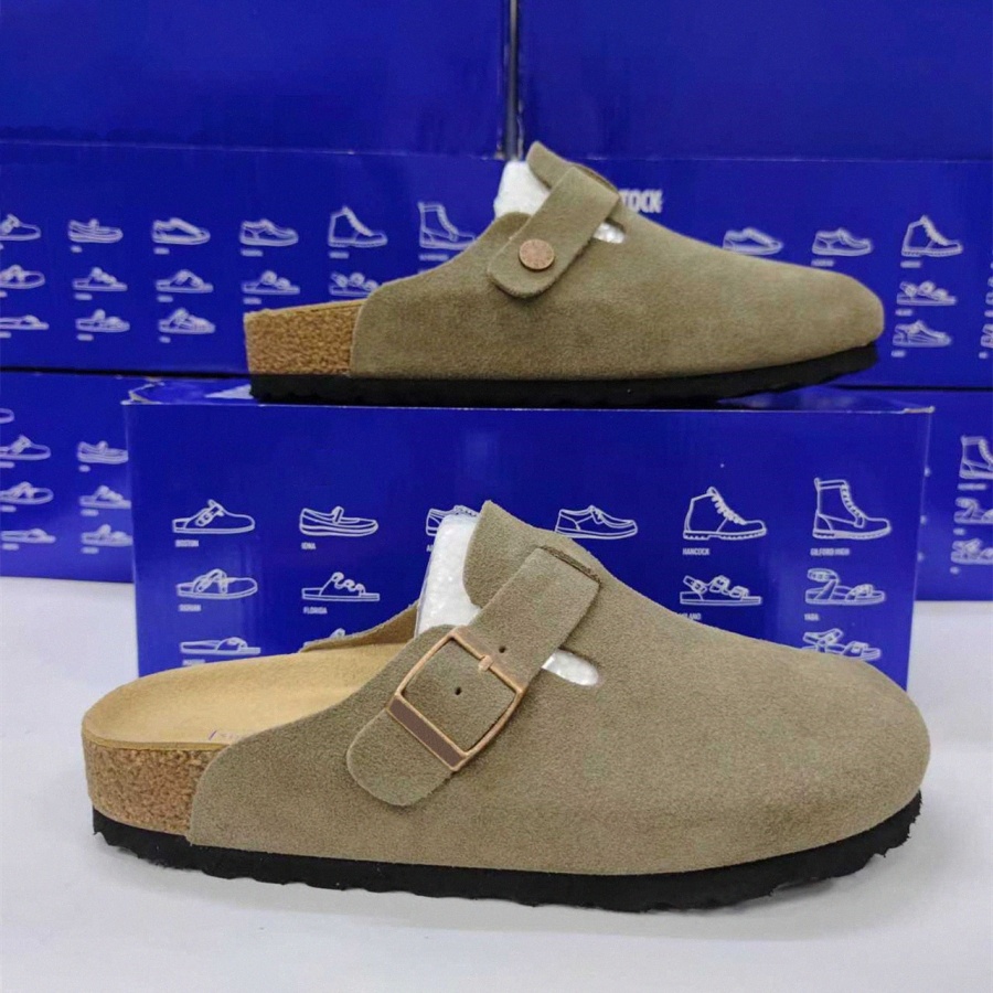 Designer Boston Clogs Cork Flat Slippers Mules Leather Boston Slide Beach Sandals Women Arizona Men Shoes Suede Khaki Fuzzy xxDGzl#