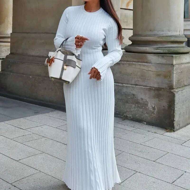 Women Elegant Solid Pleated Knitted Maxi Dress Casual Round Neck Long Sleeve Lace Up Dresses Autumn Lady High Street Robes
