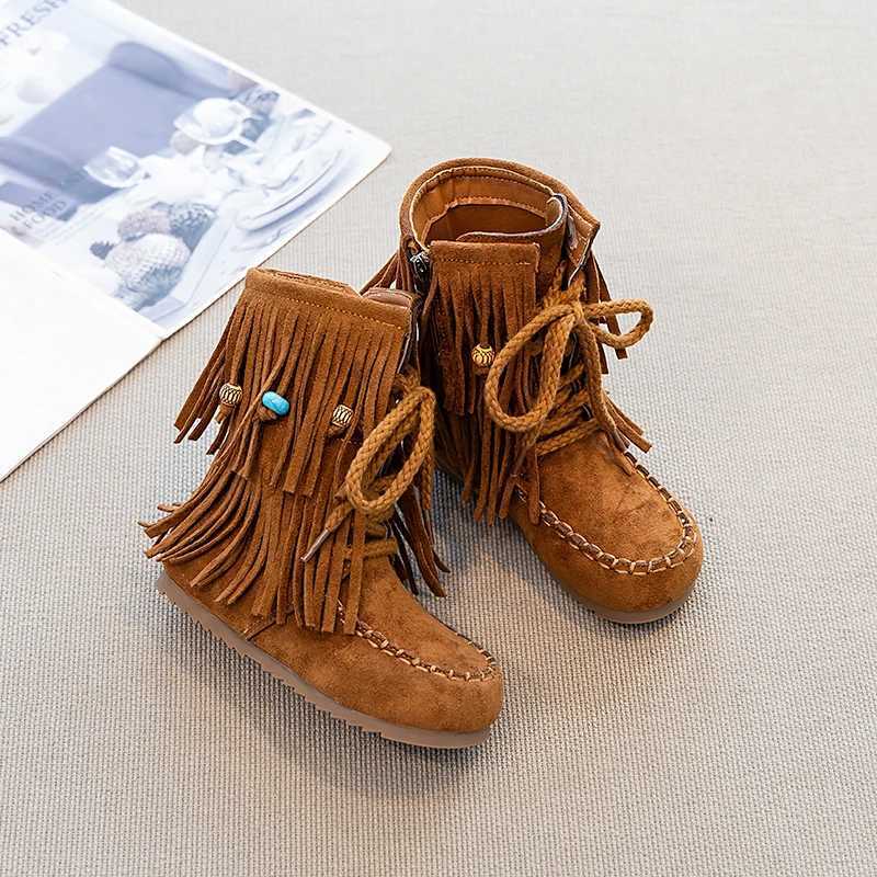 Girls Suede Leather Boots with Cute Beaded Fringes 2025 New Winter Kdis Ankler Boots Non-slip Simple Retro School Party BootsW251121