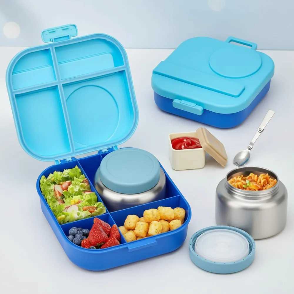 Kids Bento Lunch Box with 12oz Soup Thermos 4 Compartments Leak-Proof Container Set with Spoon Sauce JarM251121