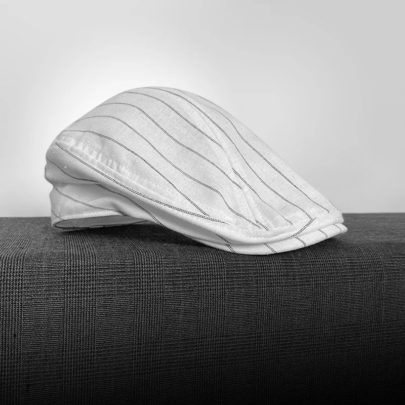 Spring and summer linen s boy hat white striped breathable beret mens literary retro hat British hat mens hat 53 250420