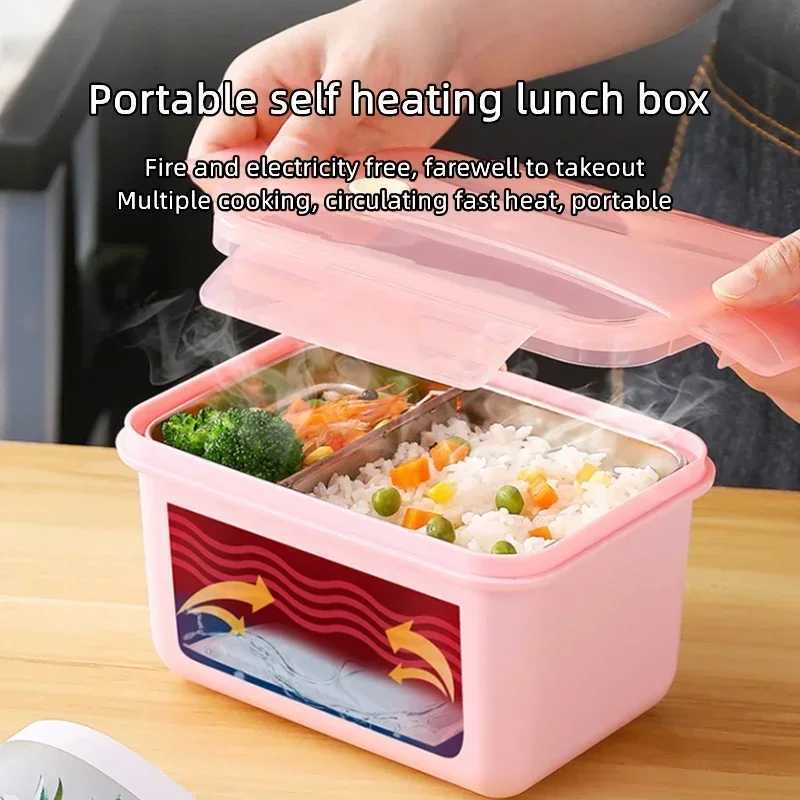 Portable Self Heating Lunch Box 304 Stainless Steel Bento Box with 3pcs Self-heating Bag for Lazy People Food Storage ContainersM251121