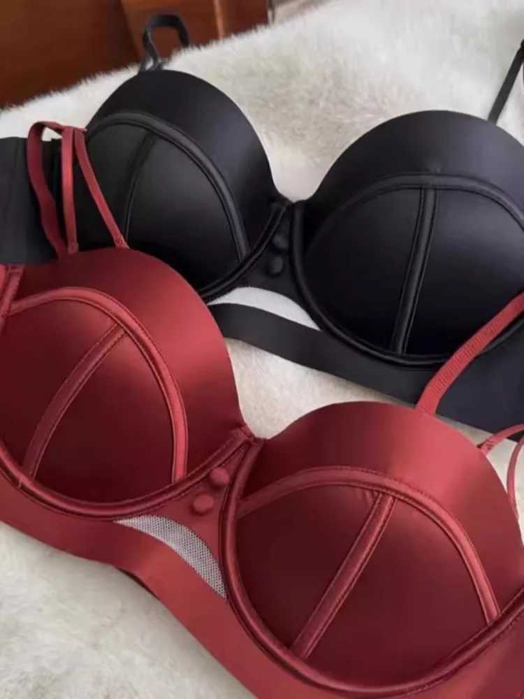 YUQI French Retro Pearl Satin Bra Set - AA Cup Strapless Push Up Lingerie Anti-Sagging Padded Half Cup Underwear Sex UnderwearXJ251106