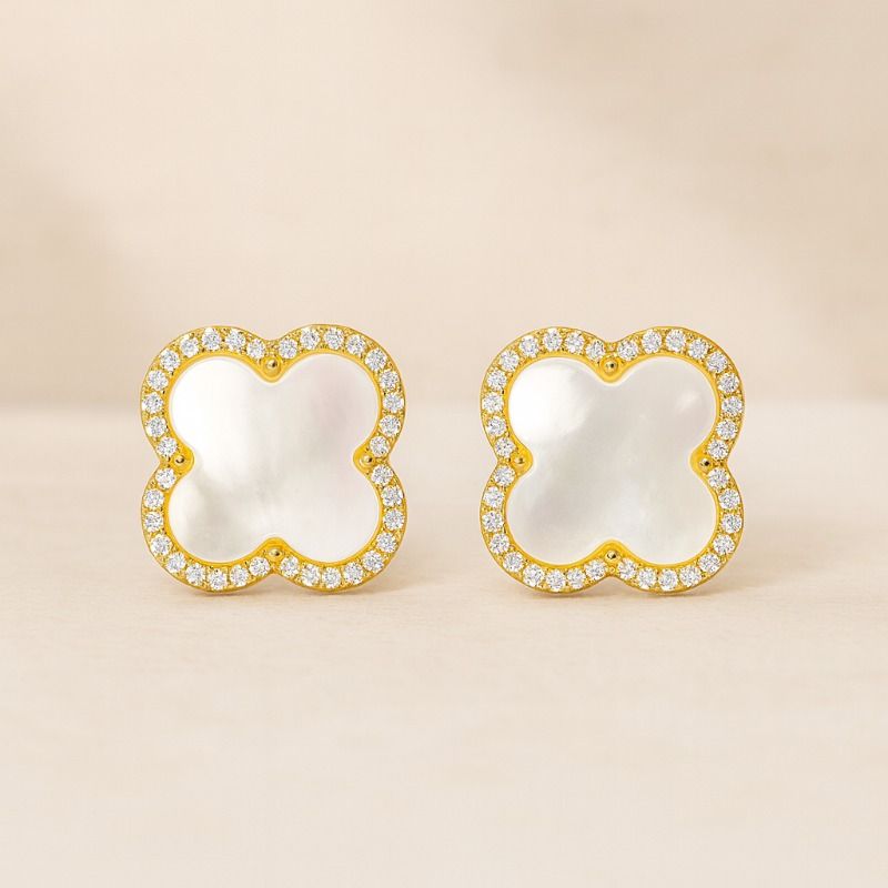 Clover Shaped Mother of Pearl Stud with Zirconia Accents S925 Silver Hypoallergenic Earrings for Daily Outfit and Valentine Day H260202