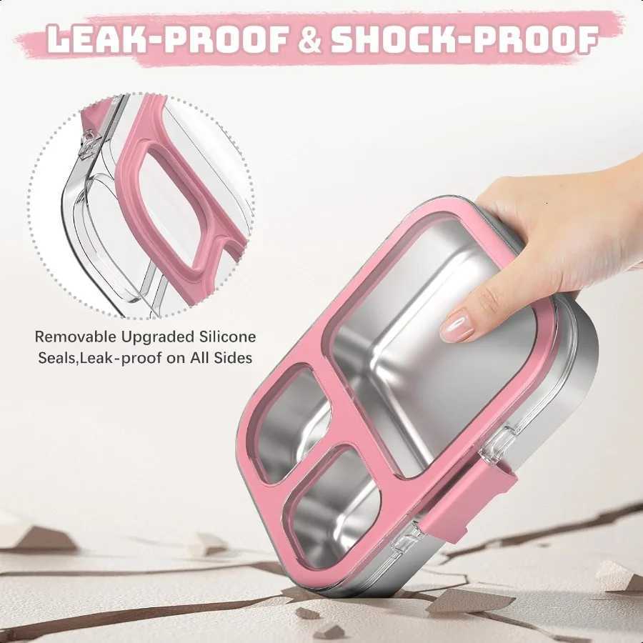 Stainl Steel Bento Box with Silicone Lid Leakproof Toddlers Lunch Container 3 Compartments Dishwasher Safe PinkM251121