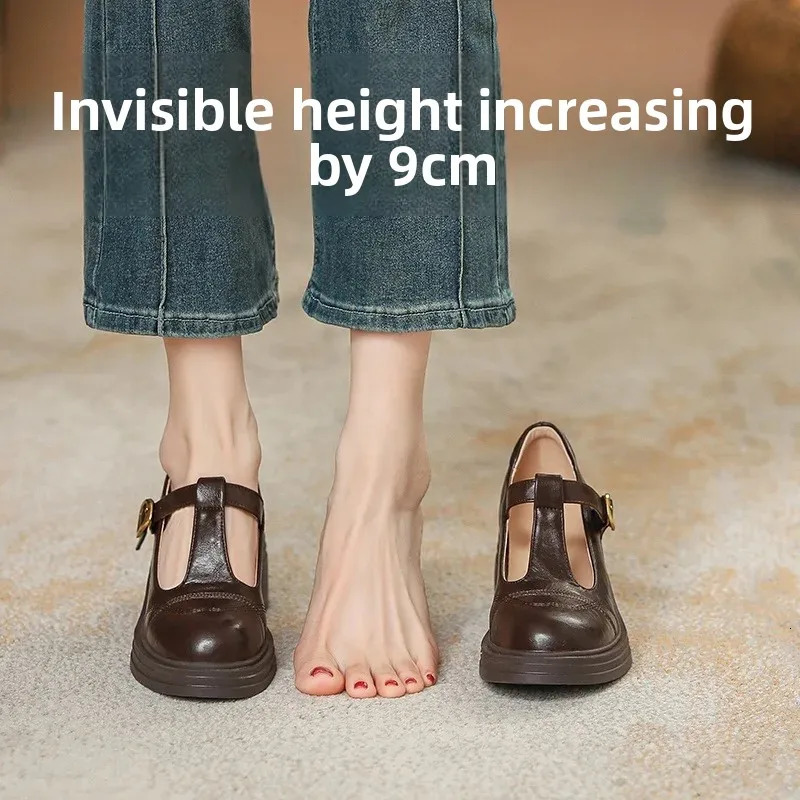 Black Mary Janes Womens Shoes Thick Heel Retro British Style Internal Heightening Single High 251121