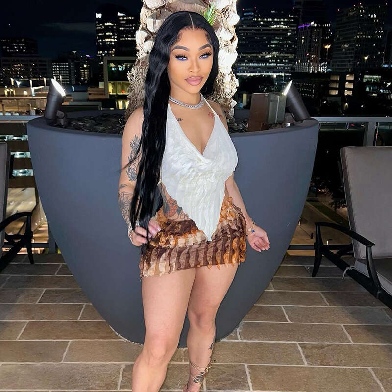 hoodie Women's Wear Women's Spring/Summer New Wave Stripe Neck Open Back Tie With Hanging Straps Colorful Sexy Short Skirt Set Of Two jacket