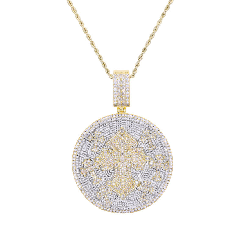 Iced Out Two Tone Color Cross Round Pendant Necklace Zircon CZ Infinity Cuban Chain Big Heavy Chunky Badge Men Hip Hop Jewelry 250920
