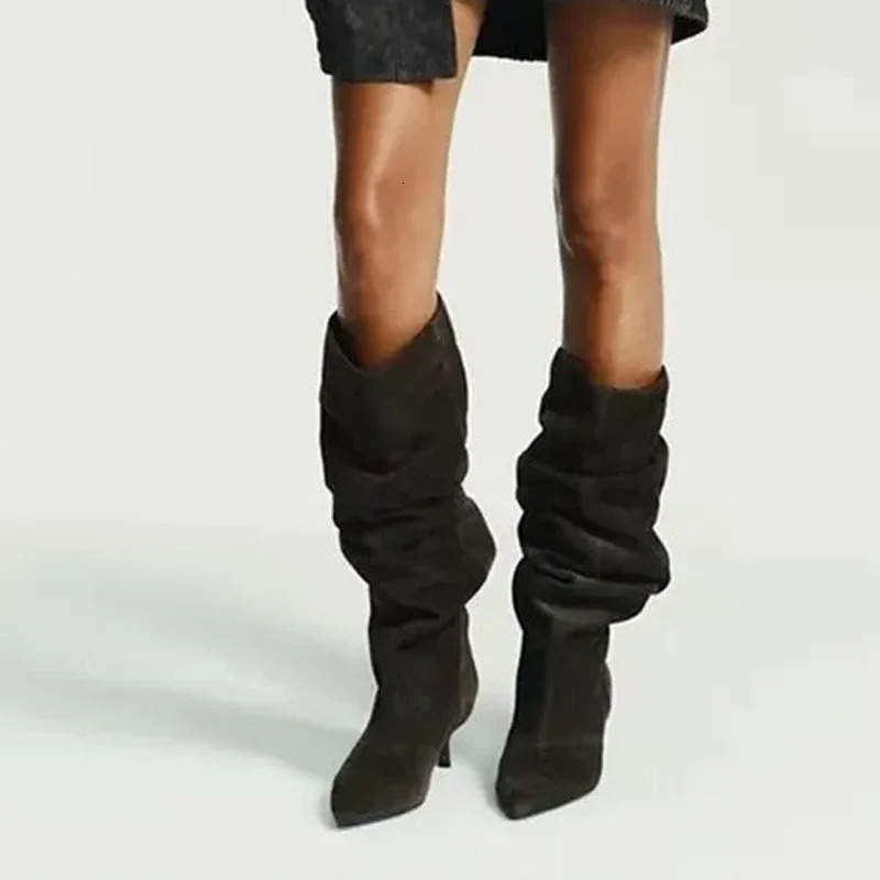 High Quality Faux Suede Boots Women Fashion Pointed Toe Kitten Heel n Autumn Vintage Pleated Zapatos De Mujer 251121