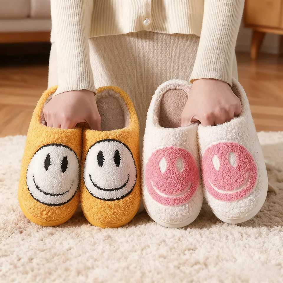 Kids Slippers Smiling Face Fluffy Winter Shoes For Children Anti-slip Thick Bottom Home Slipper Keep Warm Pink Blue Size 36-41W251121
