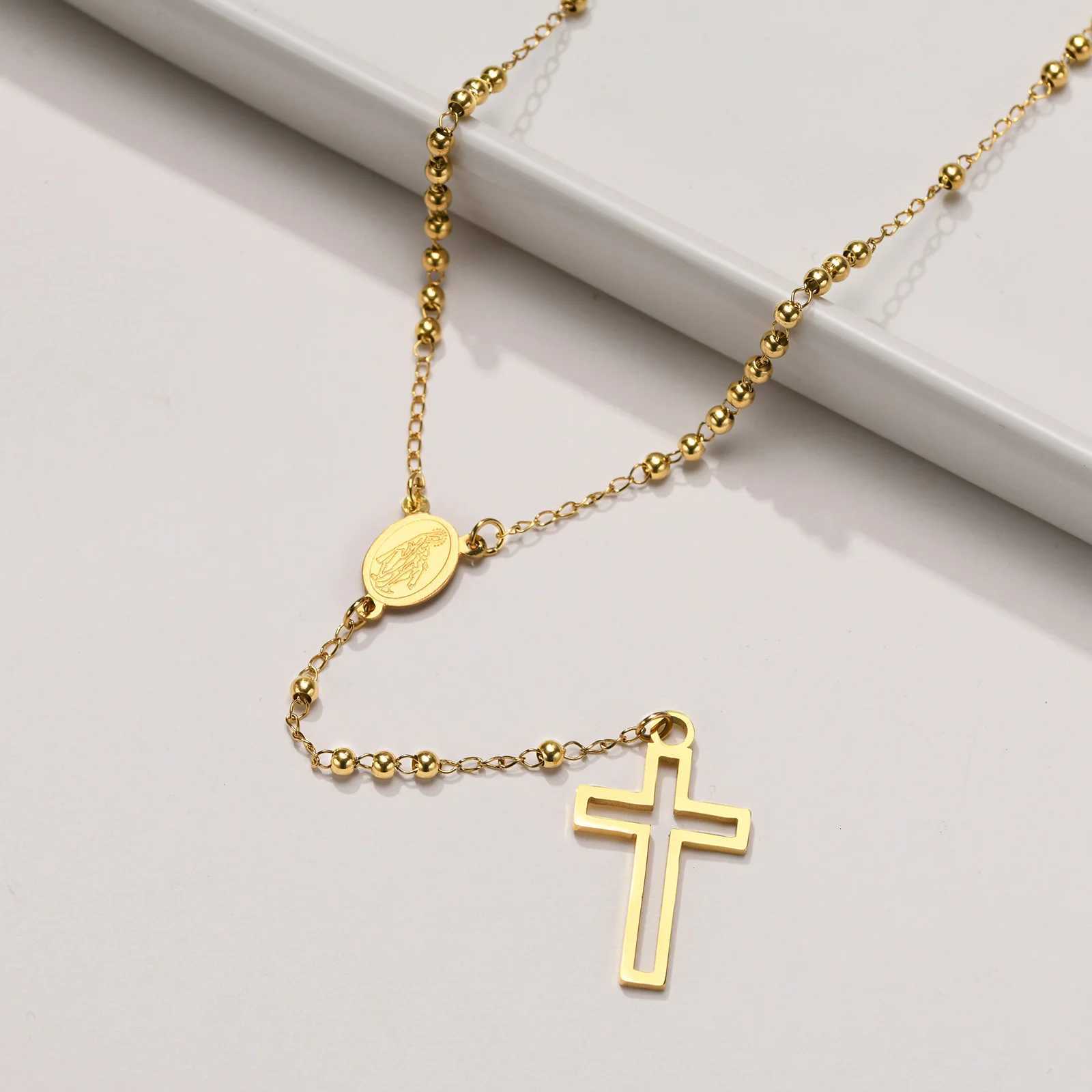 Rosary Cross Necklaces Women 2022 New Fashion Jewelry Gold Color Beads Chain Collar with Virgin Mary Medallion CharmXJ251121