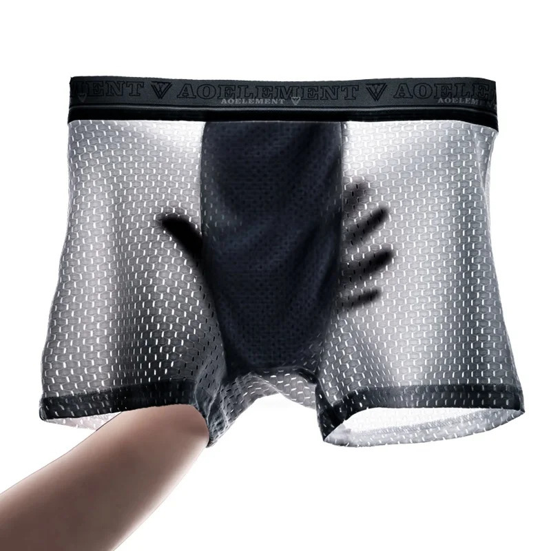Mens Ice Silk Underwear Boxers Mesh Eye Waist Breathable Summer Sexy 250417