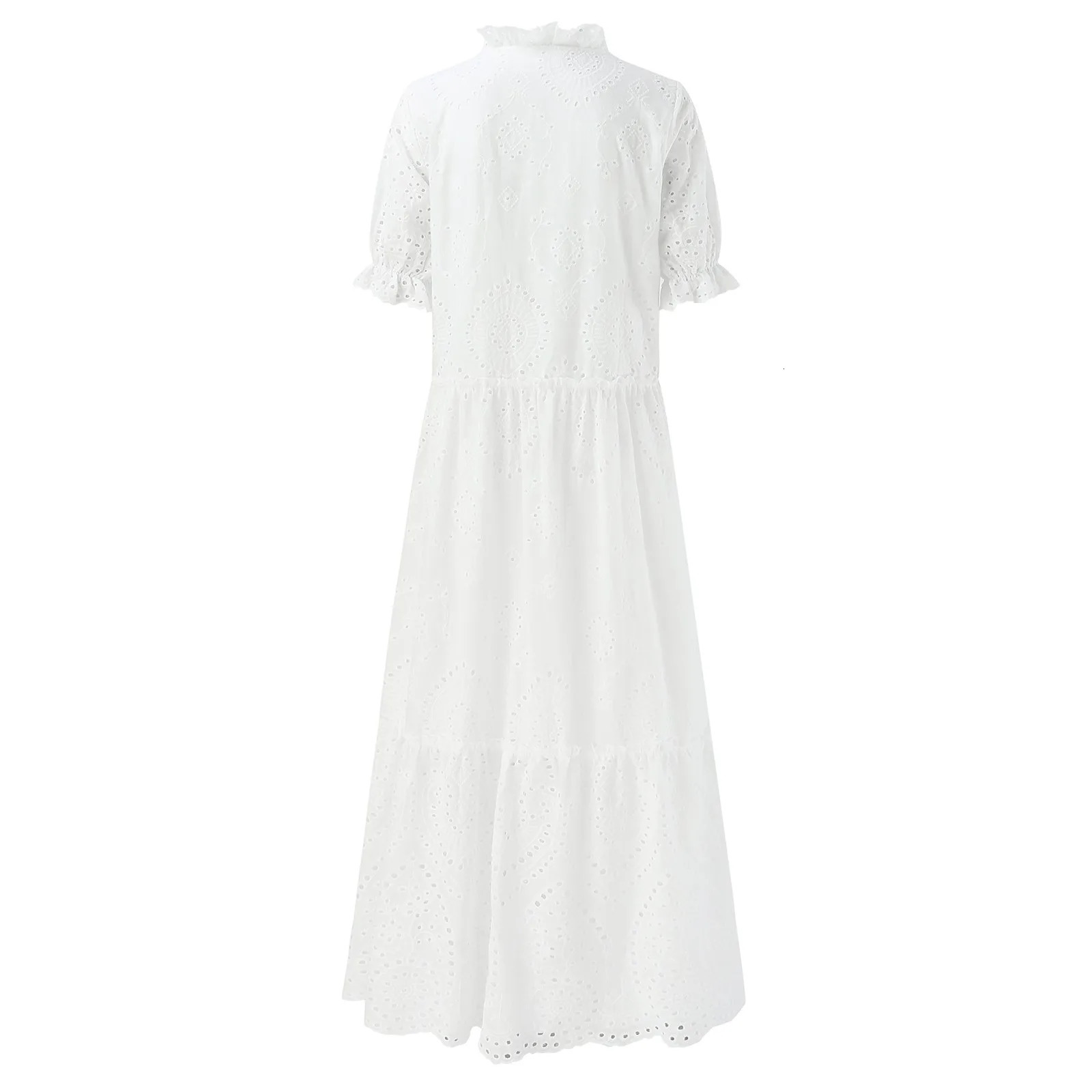 Summer Cotton White Dress For Women Casual Hollow Crochet Bohemian Loose Beach Long Dress Ladies Plus Size Holiday Ruffles Dress250414