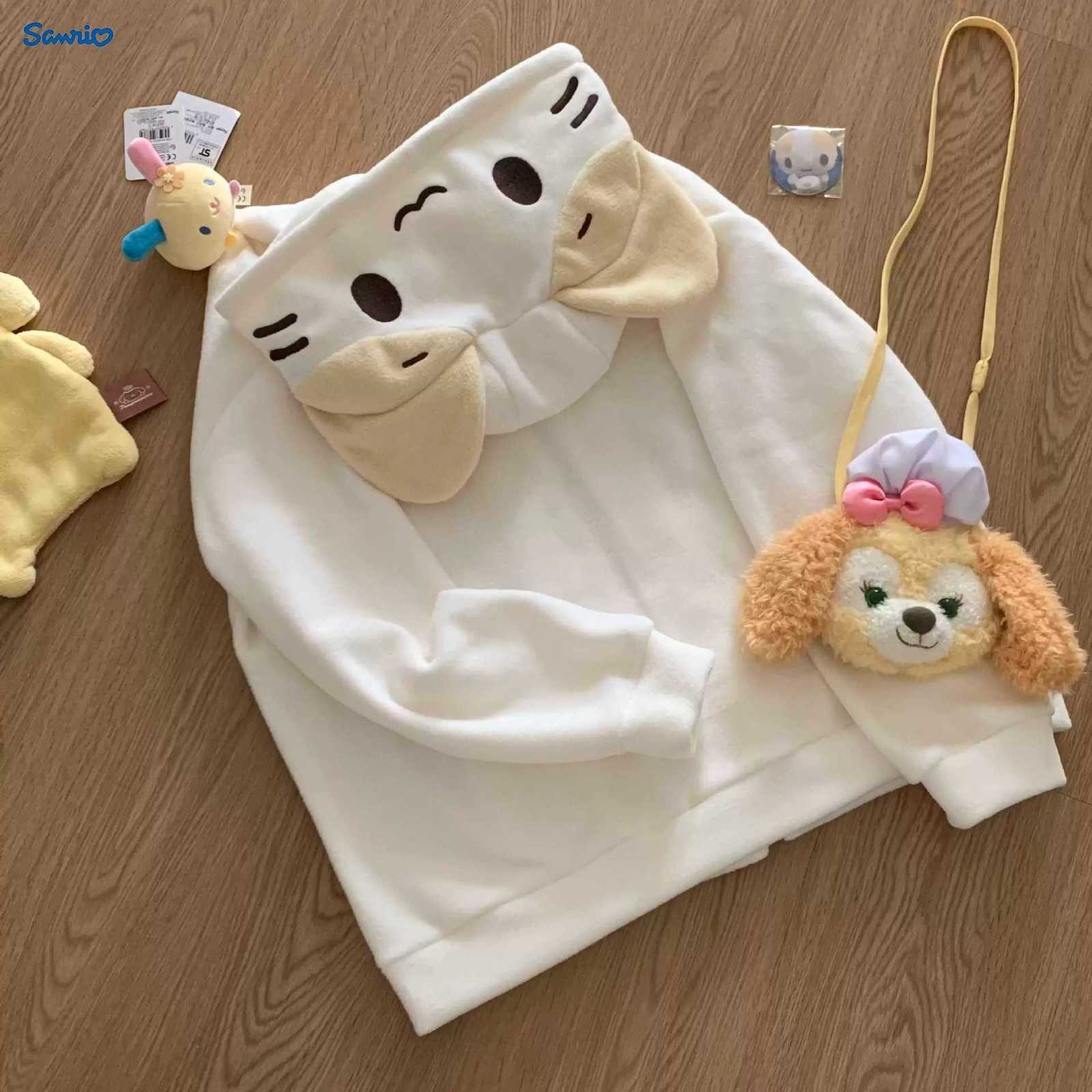 Sanrio Aoli Velvet Composite Milk SilkCute Marshmallow Cat Ear Loose Cardigan Hooded Sweatshirt for Autumn and Winter H251121