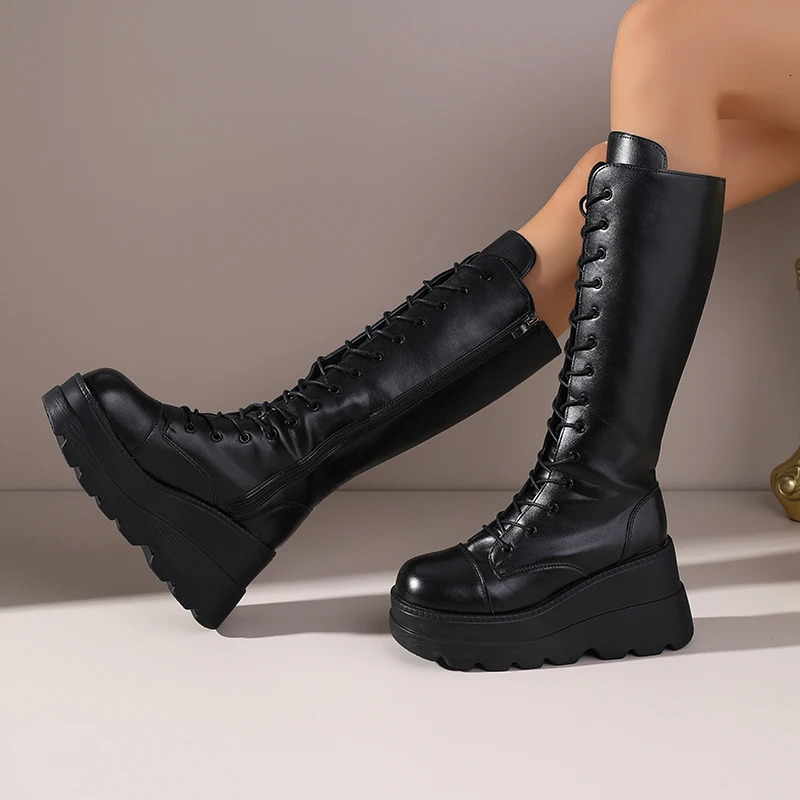 Autumn Winter Womens Black LaceUp Knee High Riding Boots Platform Heel Equestrian Leg Slimming Tall 251121