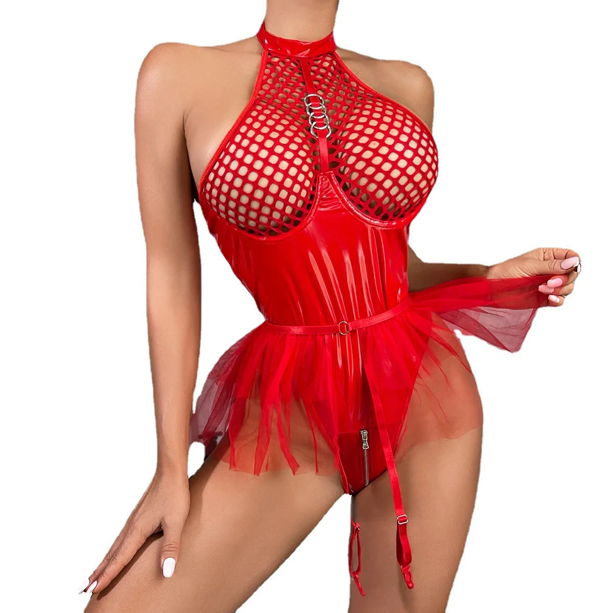 European Sexy PU Patent Leather Mesh Splicing Neck Underwear Mesh Skirt Skirt Garter Belts Detachable Jumpsuit 250421