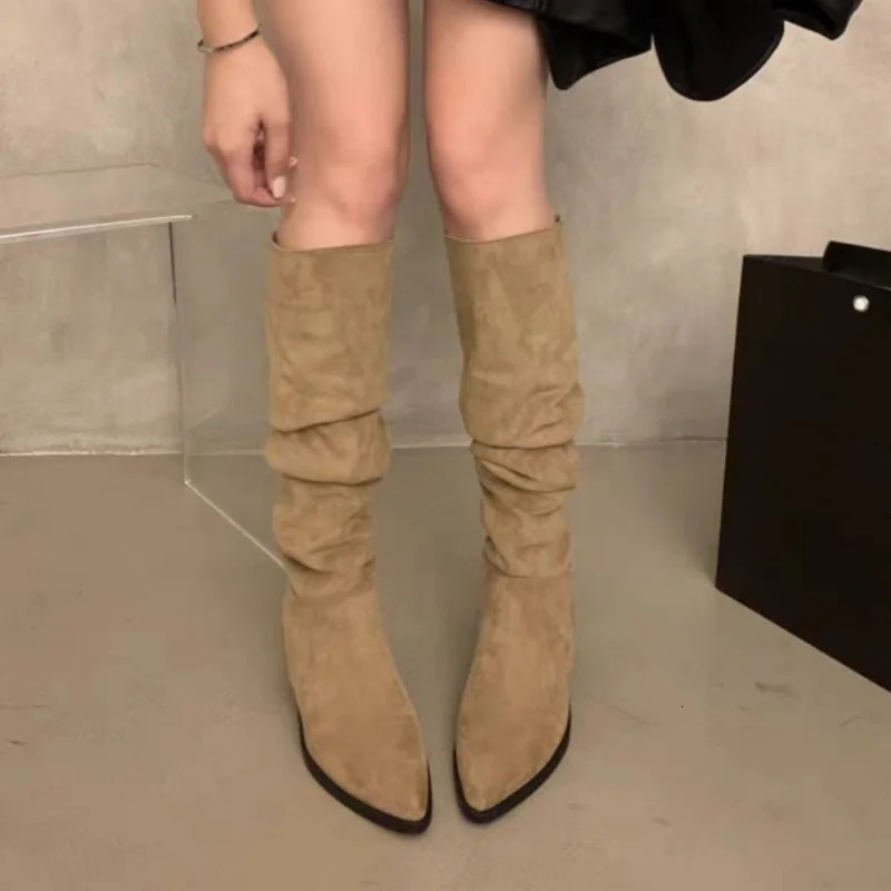 Retro pleated suede Long boots for women winter fashion chunky stiletto sexy Large size versatile womens 251121