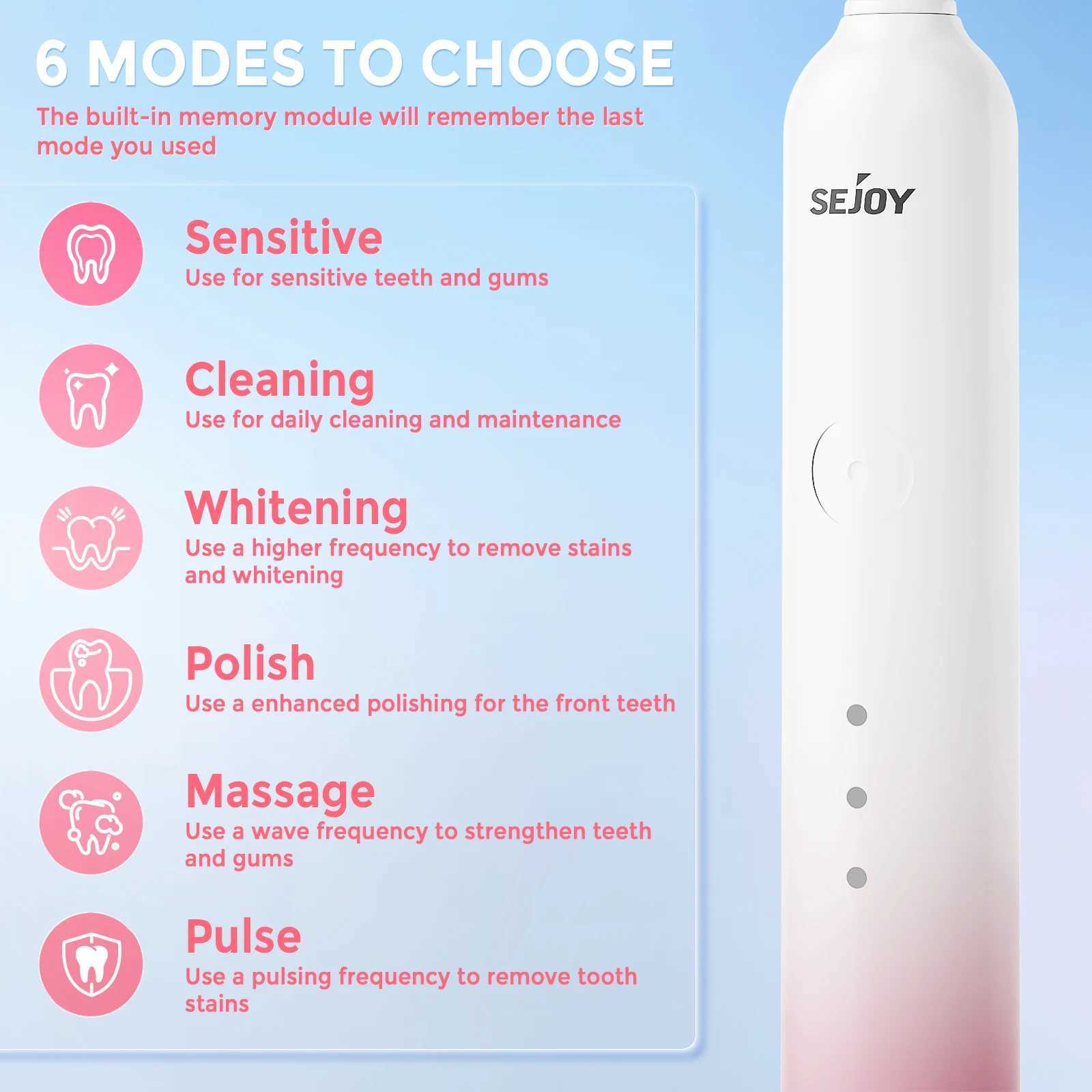Sejoy 8001Electric Sonic Toothbrush Rechargeable with 8 Replacement Heads 5 Modes Electronic Tooth Brushes C251121