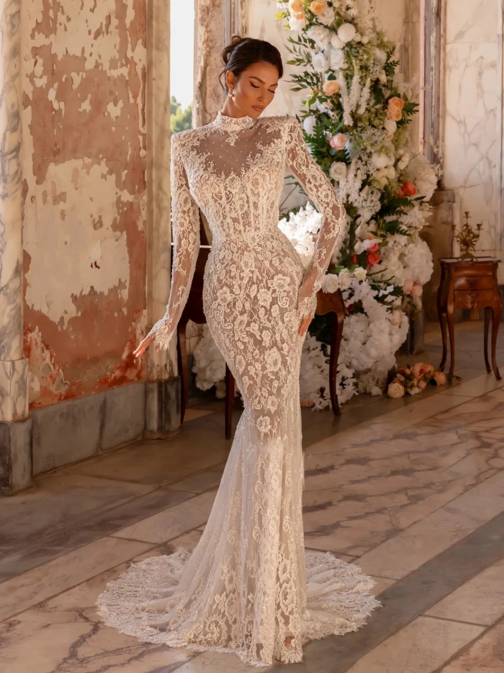 Graceful Wedding Dresses High Neck Appliques Bridal Gowns Illusion Long Sleeves Princess Sweep Train Mermaid Customized Vestidos De Novia Plus Size