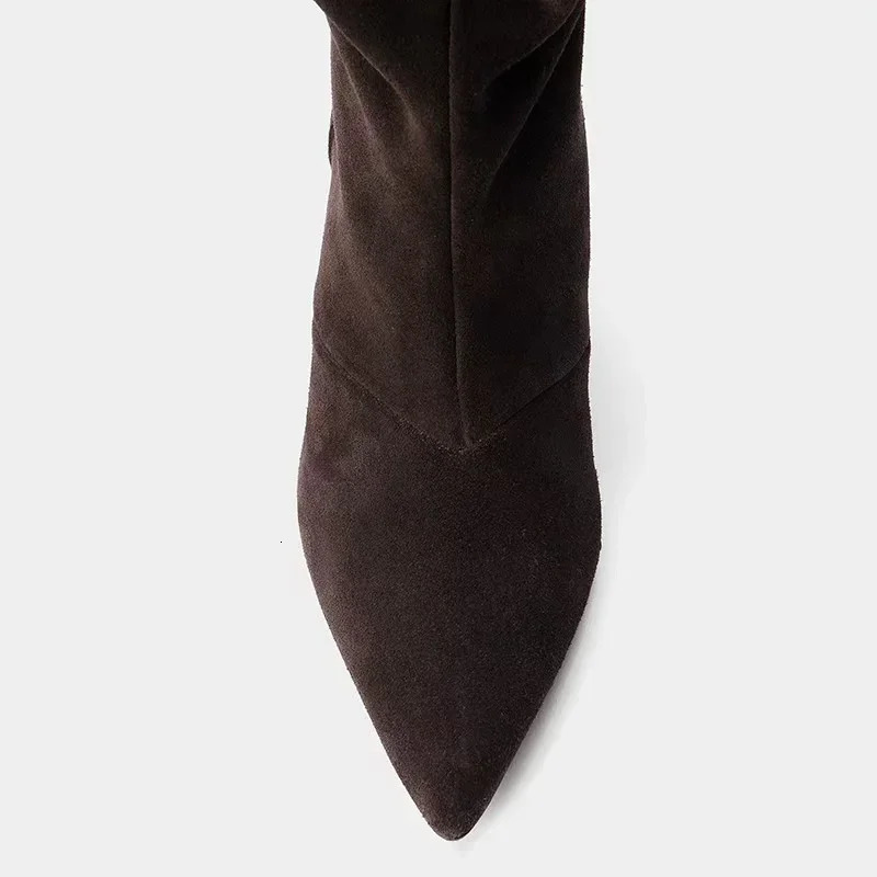 High Quality Faux Suede Boots Women Fashion Pointed Toe Kitten Heel n Autumn Vintage Pleated Zapatos De Mujer 251121