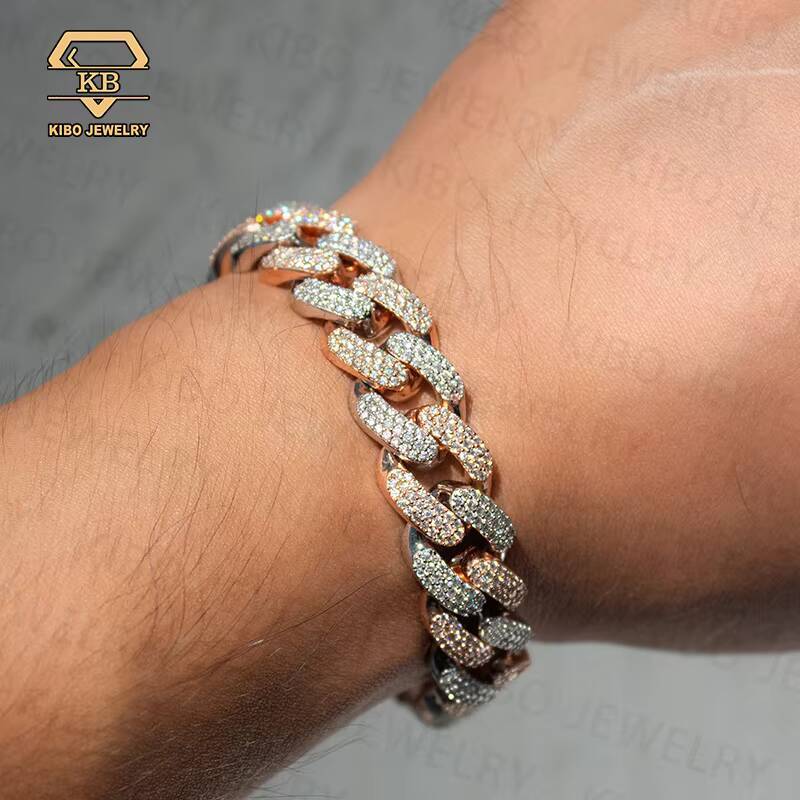 Buss Down 14mm 925 Silver Men Chain Miami Hip Hop Moissanite Diamond Cuban Link Bracelet
