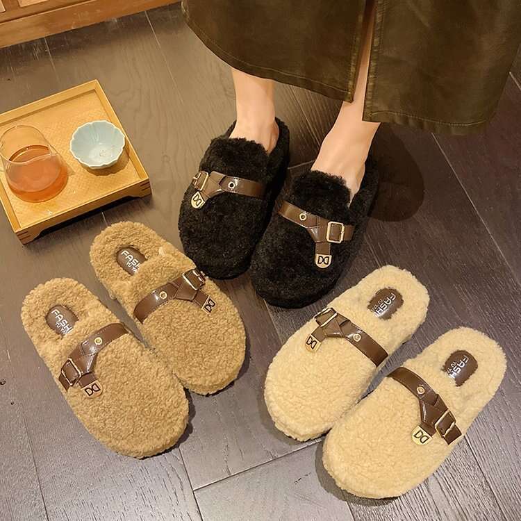 Fashion Designer Slippers Shoes Booties Platform Thick Sole Closed Toe Mules For Women 2025 Winter Lamb Wool Fleece Lined Warm Cotton Slippers