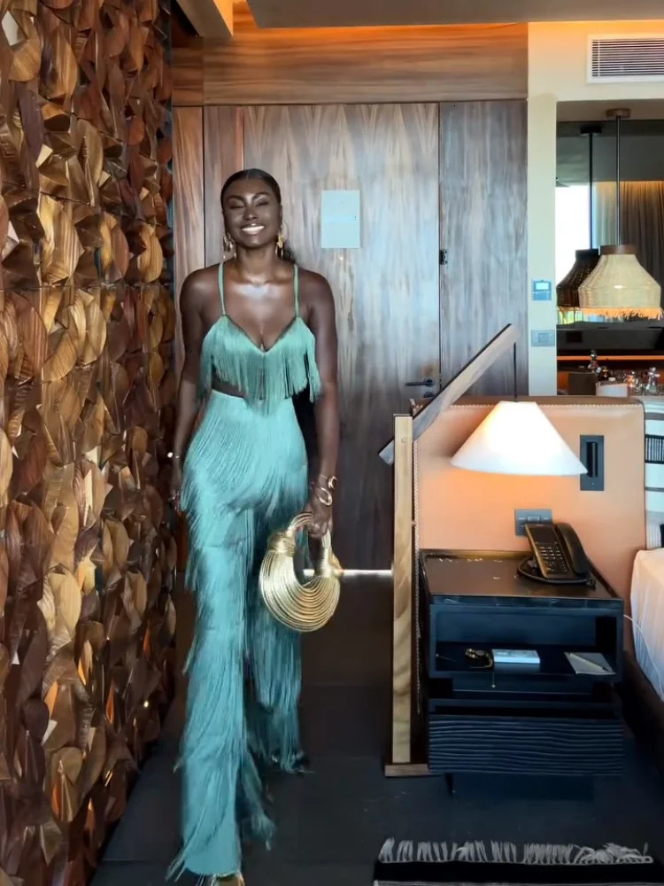 Elegant Mint Green Fringe Pant Set For Women Sexy V-neck Strap Crop Top High Waist Long Trouser Suit Lady Chic Party Outfit 251112