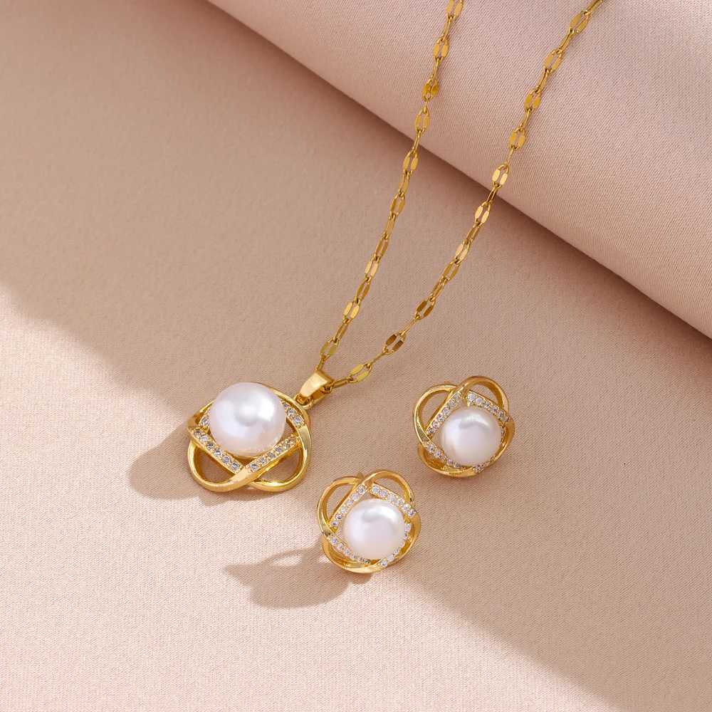 New Vintage Pearl Pendant Necklaces Earrings For Women Female Daily Wear Stainless Steel Jewelry Set Girls Party Gift WholesaleXJ251121