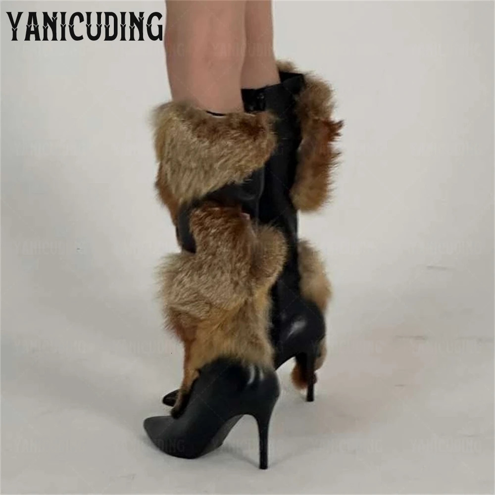 Patchwork Leather Fur Boots y Style Stiletto Knee High ner Handmade Zipper Customized Womens 251121