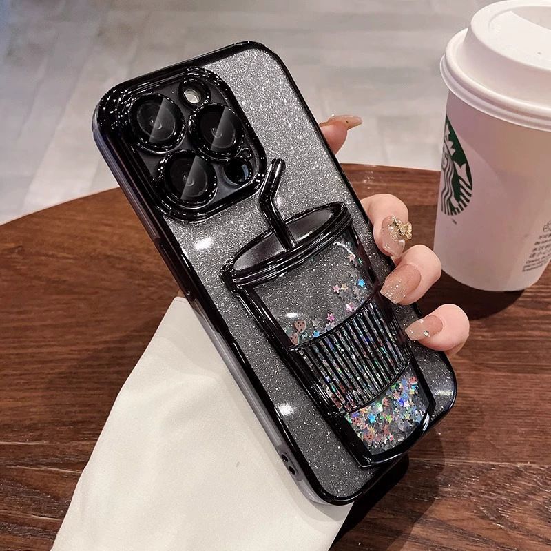 Flowing Sand 3D Drink Cup Phone Case | Sparkling Glitter Design | Shockproof & Stylish | For iPhone 16/15/14 Pro Max, Samsung S24 Ultra/S23/S22 2025