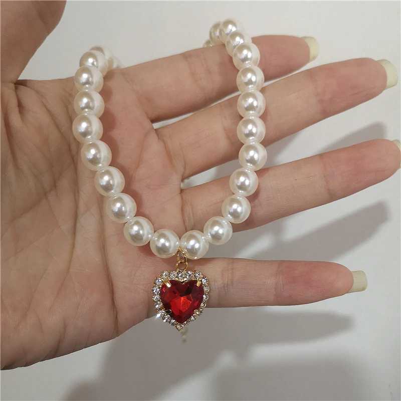 Kpop Vintage Baroque Red Crystal Heart Pendant Pearl Chain Necklace For Women Jewelry Wedding Christmas Gift Y2K AccessoriesXJ251121