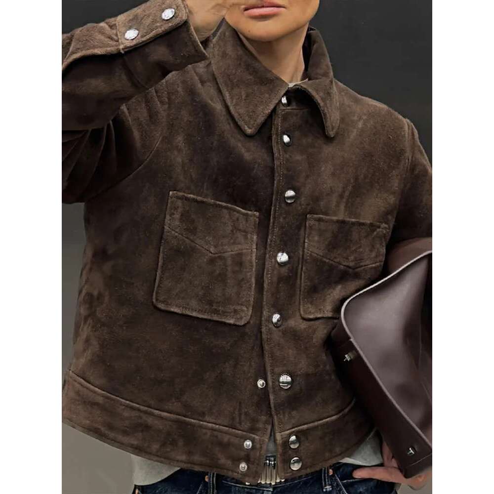 Designer Clothes Big Pockets Suede Short Women's Jackets Vintage Lapel Single Breasted Full Sleeve Jacket Lady 2025 Spring Fashion Streetwears