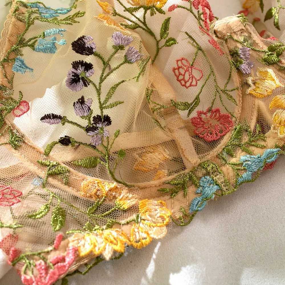 2-Piece Embroidery Lingerie Set Sexy Floral Sheer Wireless Bra Boho Bra Panty SetXJ251106