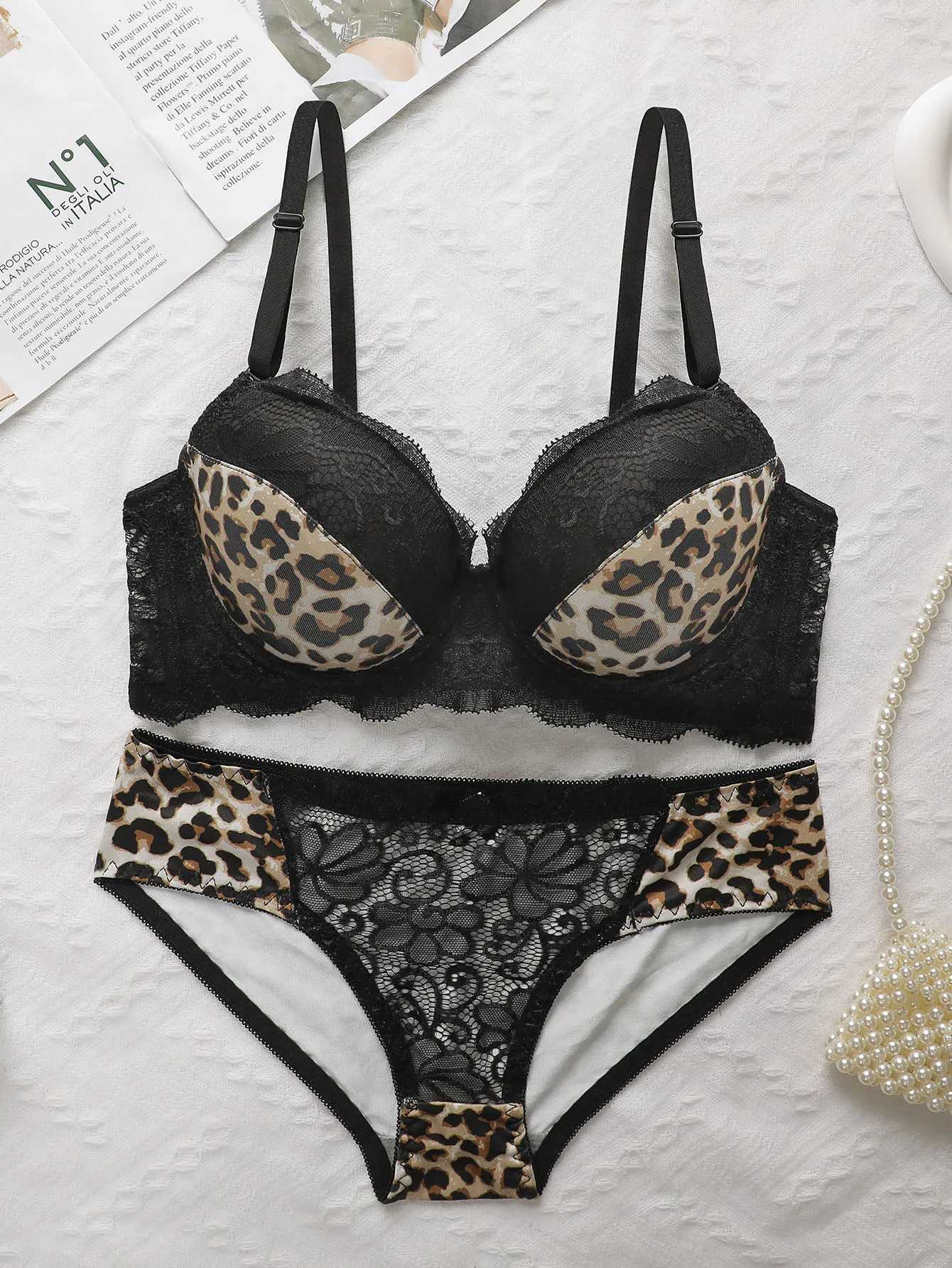 Ladies Leopard Print Lace Bralette Sexy With Steel Ring Lingerie Comfortable Lifting Underwear Triangle Underwear Set B2076XJ251106